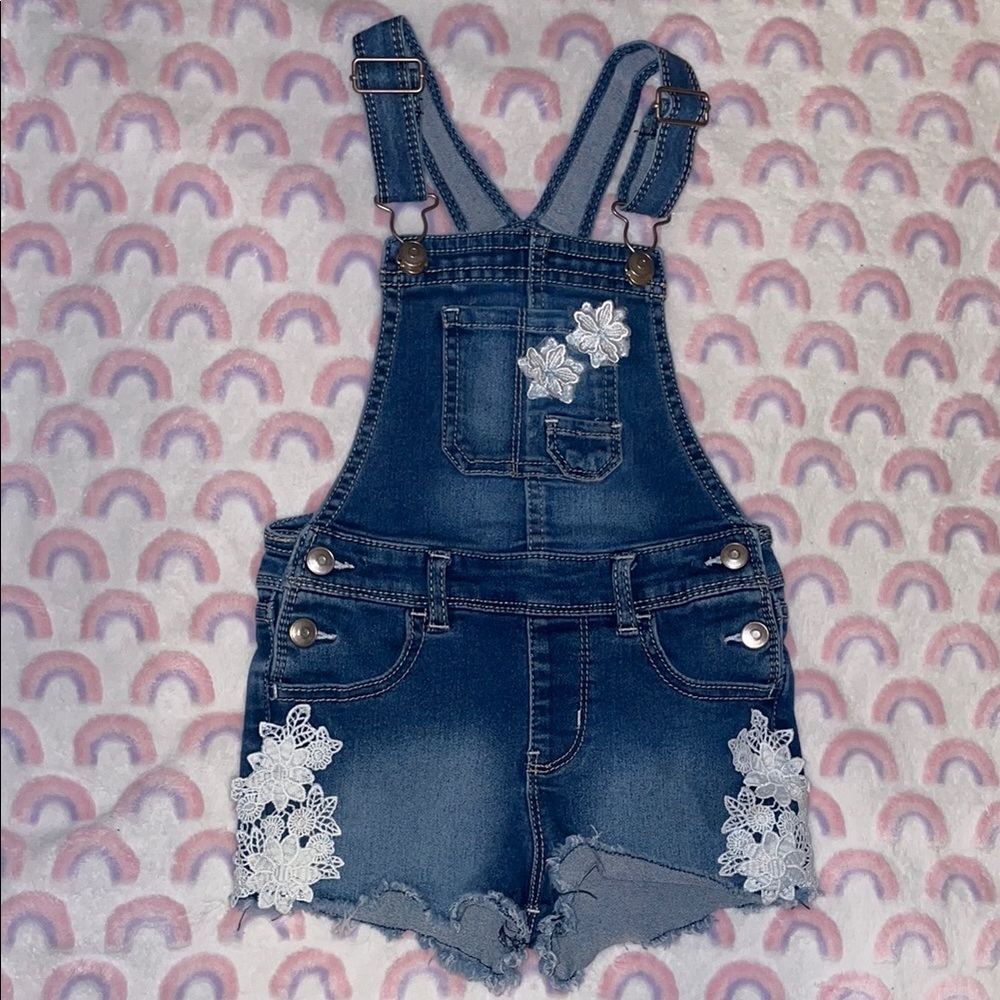 Denim Blue Kids Overall shorts with White Floral Accents
